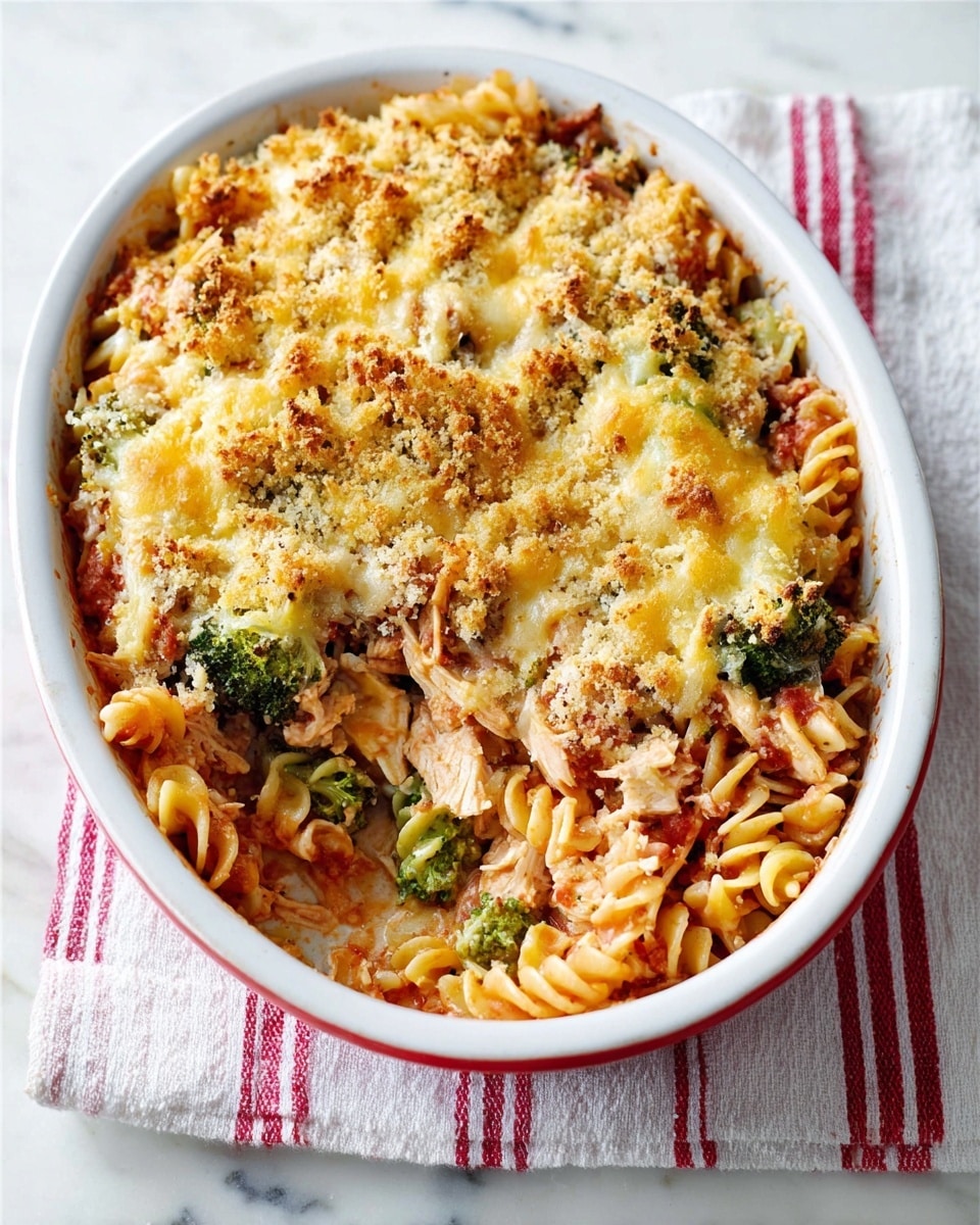 The image shows a white oval baking dish filled with a baked pasta casserole placed on a white cloth with red lines on a white marbled surface. The casserole has three visible layers: the bottom layer is made of tri-color pasta spirals in shades of light yellow, orange, and green; the middle layer contains chunks of chicken or tuna mixed with vegetables like green broccoli; the top layer is a melted golden brown cheese crust sprinkled with breadcrumbs that add crunchy texture. The cheese looks bubbly and evenly covers the pasta underneath, giving a warm and hearty appearance. Photo taken with an iphone --ar 4:5 --v 7