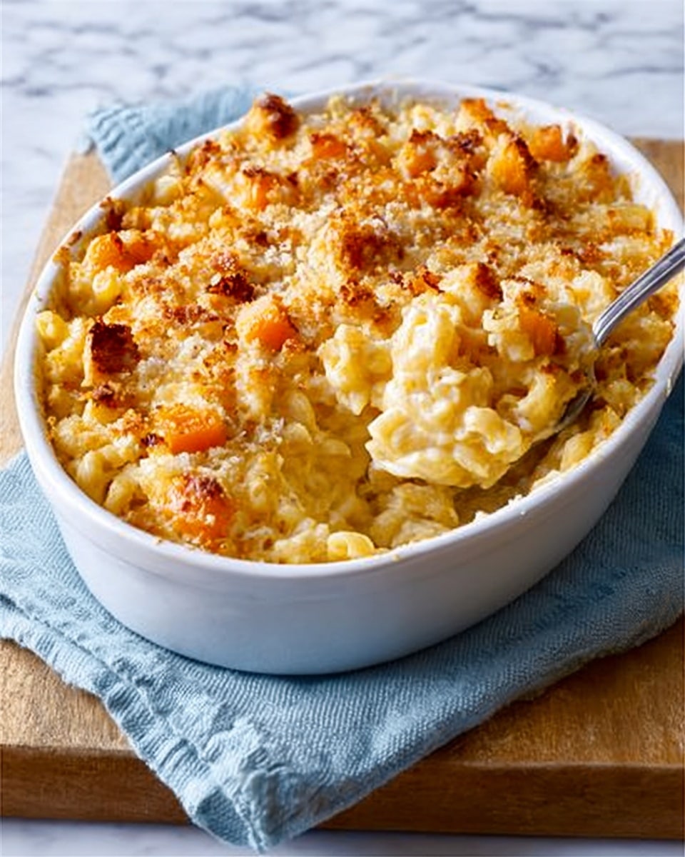 A white oval baking dish filled with baked macaroni and cheese. The top layer is golden brown with bites of roasted orange squash scattered over a bubbly, creamy cheese sauce covering macaroni pasta. A silver spoon rests inside the dish, partially scooping out some macaroni. The dish sits on a light blue cloth napkin over a wooden surface. The background is a white marbled texture. photo taken with an iphone --ar 4:5 --v 7