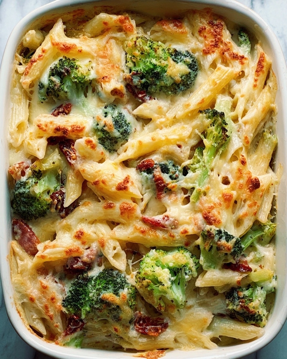 A close-up view of a baked pasta dish in a white rectangular baking dish, showing three layers: the base layer with light golden pasta penne mixed with bright green broccoli florets, the middle layer with creamy melted cheese that is slightly browned in spots, and the top layer sprinkled with small dark green peas and sun-dried tomatoes that add a reddish touch. The cheese is bubbly and smooth, covering the pasta and vegetables while some broccoli stalks are visible through it. The white marbled surface underneath adds a clean contrast to the warm colors of the dish. Photo taken with an iphone --ar 4:5 --v 7