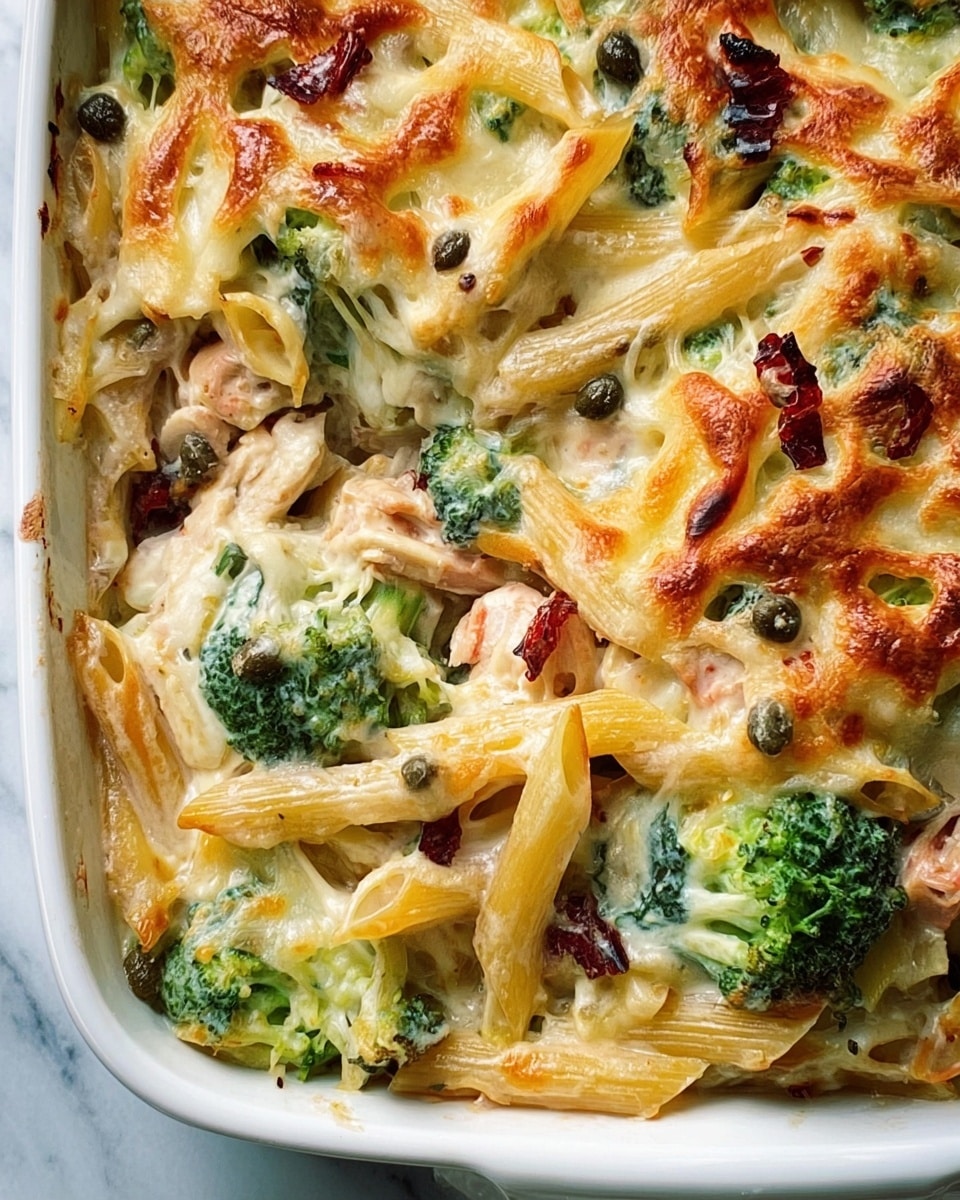 This close-up image shows a baked pasta dish in a white rectangular baking dish placed on a white marbled surface. The dish has several layers visible from the top: a creamy, melted cheese layer with slightly golden spots covers the surface, dotted with green broccoli florets and pieces of sun-dried tomatoes. Beneath the cheese are yellowish cream or sauce pockets that coat penne pasta, which appears firm and slightly glossy. Small bits of what looks like walnuts or another kind of nut are scattered throughout. The textures vary from the smooth cheese, tender pasta, firm broccoli, and slightly crunchy nuts. Photo taken with an iphone --ar 4:5 --v 7