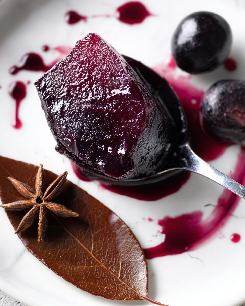 The image shows a close-up of a spoon holding a glossy, deep red round jelly-like layer that is slightly translucent and shiny, positioned above a white plate with a white marbled texture. Surrounding the spoon are dark red-purple liquid drops and splashes on the plate, along with two dark small round fruits to the right. To the left, there is a brown bay leaf and a dark star anise, adding a natural, textured contrast to the smooth jelly and liquid. The overall colors are rich red, dark brown, and deep purple. Photo taken with an iphone --ar 4:5 --v 7