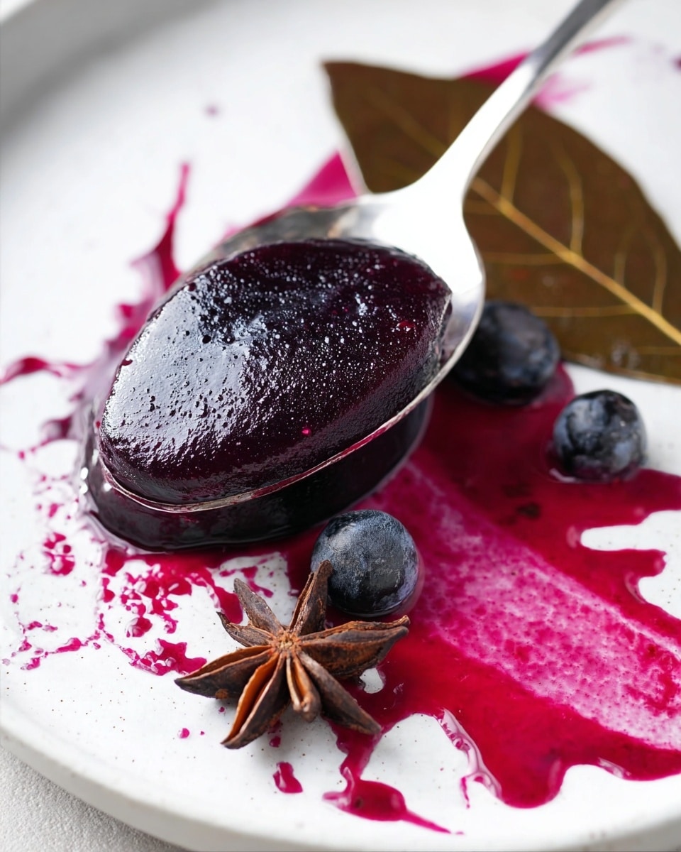A close-up image showing a spoon filled with a thick, dark purple jelly-like substance, glossy and smooth in texture. The spoon rests on a white plate with purple juice drops scattered around, creating a bright splash effect. To the left of the spoon, there is a dark brown bay leaf and a whole star anise, adding visual contrast. The background is a white marbled texture. Photo taken with an iphone --ar 4:5 --v 7