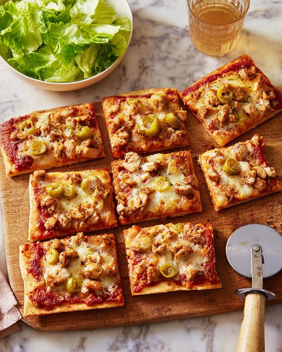 The image shows eight square slices of pizza arranged on a wooden cutting board, each slice topped with a golden-brown crispy chicken layer, small green olive pieces, melted cheese, and a red tomato sauce base. The thin crust is light golden and slightly crisp at the edges. A pizza cutter with a wooden handle lies on the board near the top right, next to one pizza slice. In the upper background, there is a white bowl filled with fresh green leafy salad and a glass of light brown drink. The surface under the cutting board has a white marbled texture. photo taken with an iphone --ar 4:5 --v 7