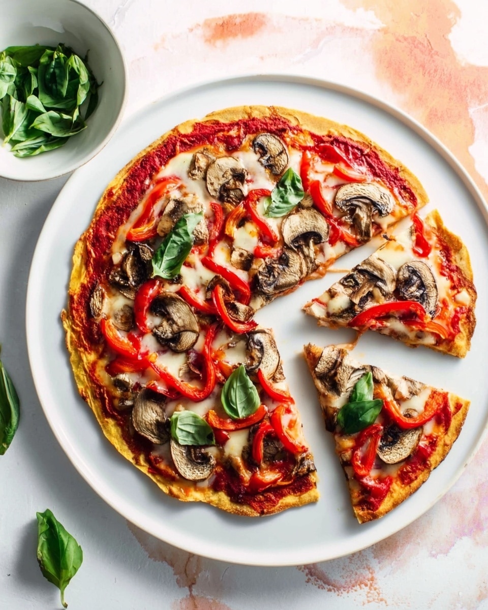 The image shows a round pizza sliced into five pieces on a white plate, placed on a white marbled surface with an orange and yellow textured background. The pizza has a thin crust with a light golden brown color, topped with a layer of melted cheese giving a creamy light yellow base. On top, there are several pieces of sliced mushrooms in a light brown shade, red pepper slices, and fresh green basil leaves scattered evenly. The melting cheese looks smooth and slightly bubbly, blending with the red sauce beneath that peeks through in some places. Photo taken with an iphone --ar 4:5 --v 7