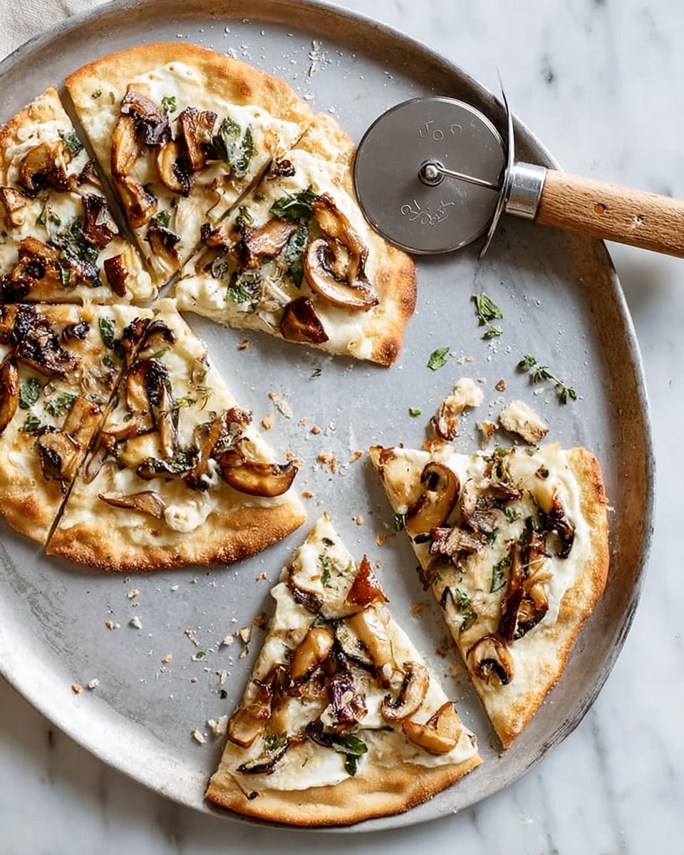 There are two small round pizzas on a metal baking tray placed on a white marbled surface. Both pizzas have one layer of light golden crust that looks soft and slightly thick, topped evenly with a creamy white cheese layer. The cheese is melted with some light brown spots, showing it is baked. On top of the cheese, there is a layer of mixed mushrooms in various dark brown and tan shades, with some green herbs scattered around. The pizza at the top is cut into six slices while the one at the bottom is whole. On the left side of the tray, there is a pizza cutter with a round silver blade and a wooden handle, some crumbs stuck to the blade. photo taken with an iphone --ar 4:5 --v 7