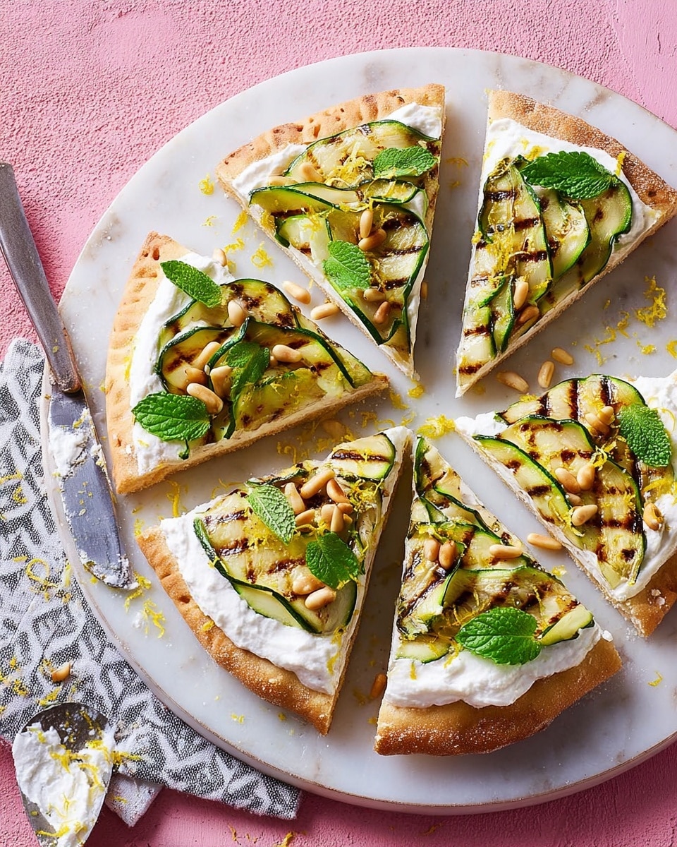 A white plate holds a flatbread pizza cut into four slices. The base is a golden-brown flatbread crust with a soft, slightly bubbly texture. On top, there is a creamy white cheese layer spread evenly across the flatbread. Thin, grilled zucchini ribbons with visible char marks are placed on each slice, adding green stripes and a slightly smoky texture. Pine nuts are sprinkled on top, giving small, shiny beige spots. Fresh green mint leaves are scattered on the slices, adding bright green color contrast. Thin yellow strips, possibly lemon zest, are delicately placed over the zucchini. The plate rests on a white marbled surface with some scattered mint leaves around it. A knife with cream on it lies nearby. photo taken with an iphone --ar 4:5 --v 7