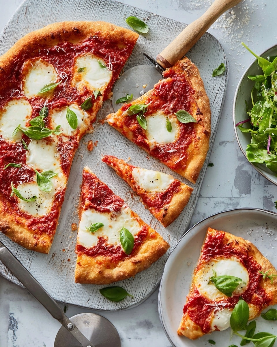 A round pizza with golden brown crust is topped with a layer of bright red tomato sauce, scattered melted white mozzarella cheese forming soft patches, and fresh green basil leaves placed on top. It is cut into six slices, with four slices grouped on a white wooden board around an old pizza cutter with a wooden handle, showing bits of sauce stuck on the blade. One slice sits on a white speckled plate, accompanied by a few green arugula leaves. The scene is set on a white marbled surface with some scattered basil leaves and green salad visible around the main items. Photo taken with an iphone --ar 4:5 --v 7