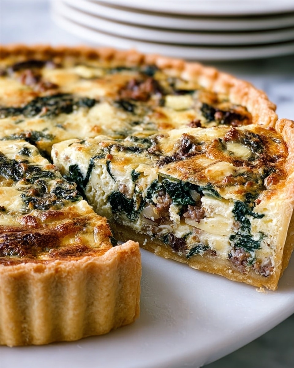 A round quiche on a white plate, with a thick golden brown crust that has ridged edges, filled with layers of creamy yellow cheese, green leafy vegetables, and small pieces of cooked meat scattered throughout. One slice is cut out, showing the dense filling with visible bits of spinach or kale mixed with melted cheese and meat, creating a mix of light yellow, green, and brown colors inside. The quiche sits on a white marbled surface with blurred white plates stacked in the background. photo taken with an iphone --ar 4:5 --v 7