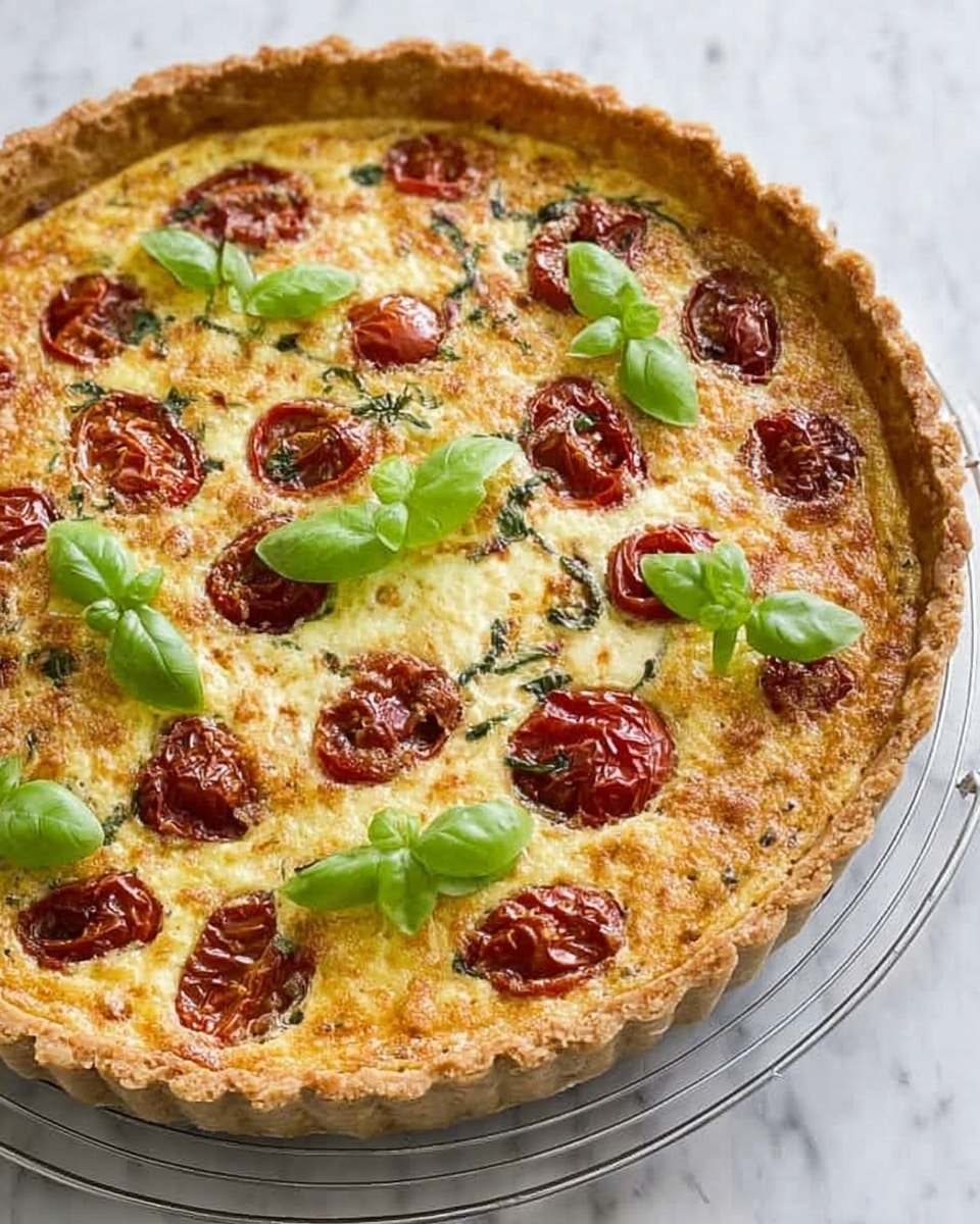 A round tart with a golden brown crust holds a baked filling that is light tan with small browned spots. Scattered across the top are halved red cherry tomatoes and melted chunks of white cheese, both slightly browned from baking. Fresh green basil leaves are placed on top, adding a bright contrast to the warm colors beneath. The tart sits on a round, wire cooling rack, set against a white marbled surface. photo taken with an iphone --ar 4:5 --v 7