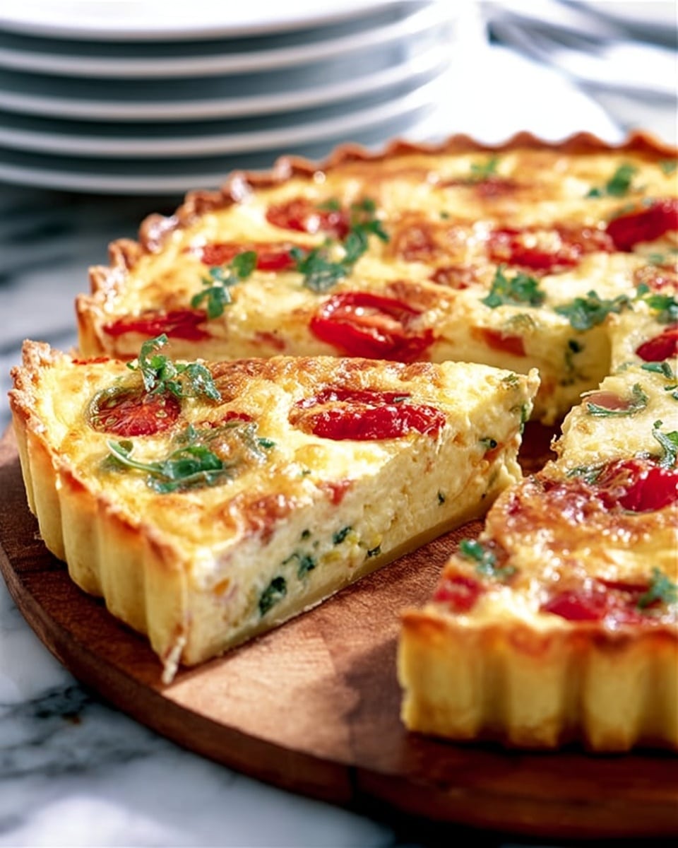 A white tart with a golden crust holds an open slice revealing layers: a bottom layer of creamy white cheese mixed with green herbs and vegetables, topped with round white slices of cheese and bright red tomato pieces scattered on top. The tart sits on a worn wooden board with a stack of white plates in the background. Photo taken with an iphone --ar 4:5 --v 7