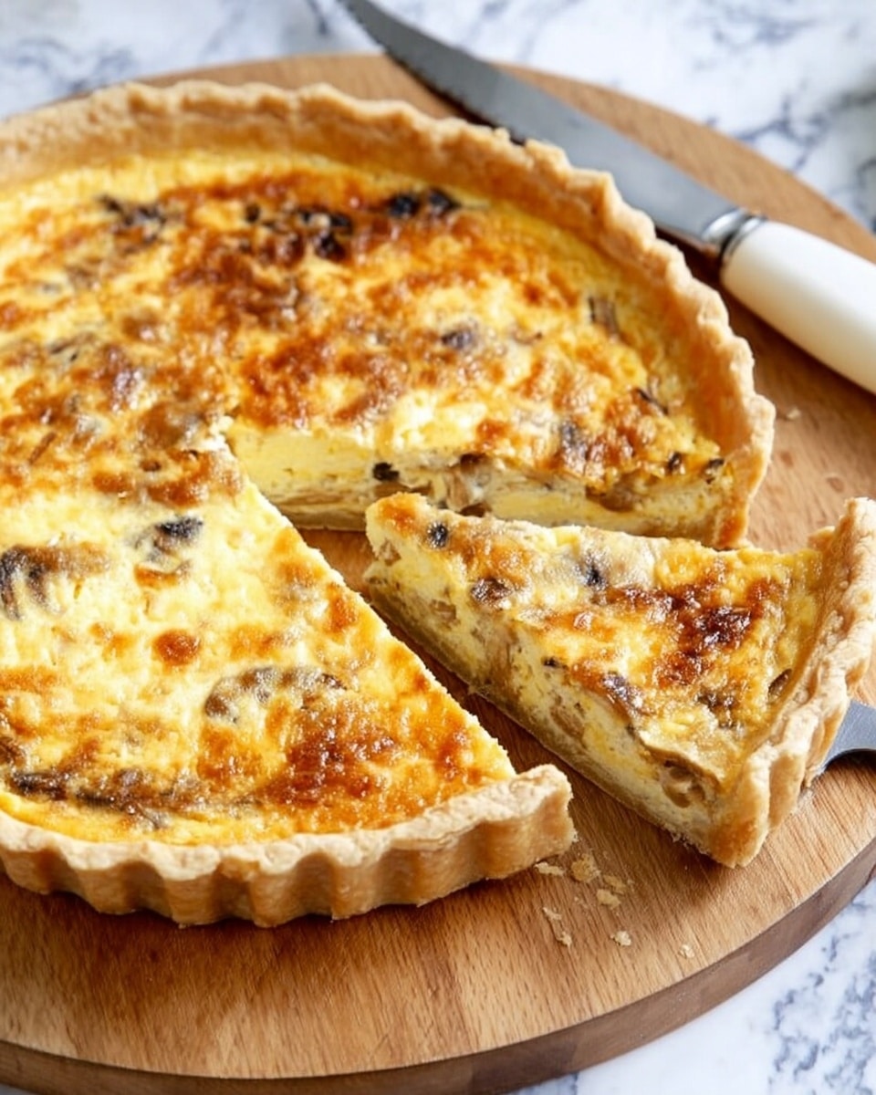 A round quiche with a golden-brown crust sits on a wooden cutting board, one slice removed to show the inside layers. The quiche has a flaky, light beige crust holding a creamy yellow filling mixed with bits of browned mushrooms and cheese. The top is slightly browned with a textured, bubbly look. A white-handled knife lies next to it on the board, with surface crumbs scattered around. The background features a white marbled texture. Photo taken with an iphone --ar 4:5 --v 7