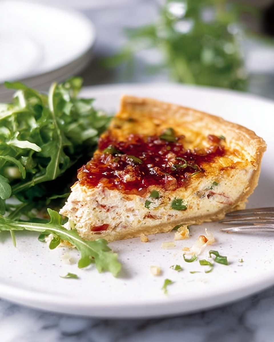 A slice of quiche with two visible layers sits on a white plate placed on a white marbled surface. The bottom layer is light beige with a slightly crumbly texture, looking like the crust. The top layer is thicker, creamy pale yellow, and filled with bits of green herbs and small white pieces inside. On top, there is a dark red sauce mixed with small white diced onions spread over the slice, spilling a little onto the plate, and a small garnish of green herbs beside the slice. In the background, there is a blurry green leafy plant and some indistinct shapes. photo taken with an iphone --ar 4:5 --v 7