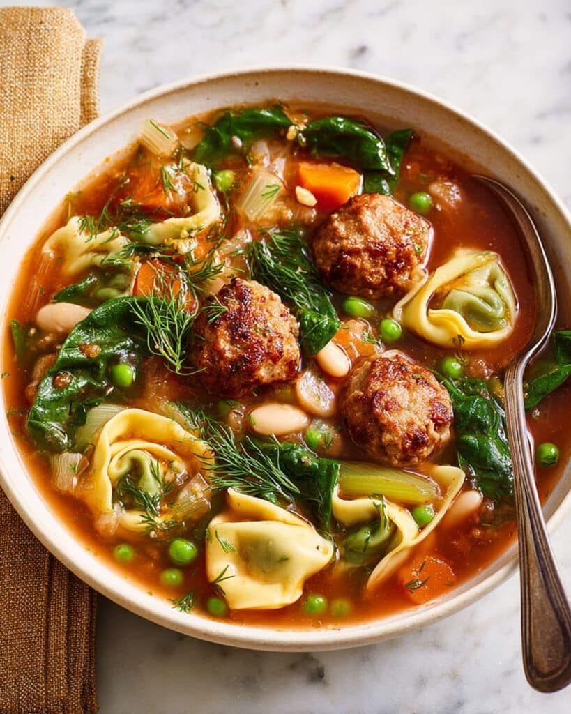 Spring Meatball Soup with Spinach, Peas, and Ricotta Tortellini Recipe
