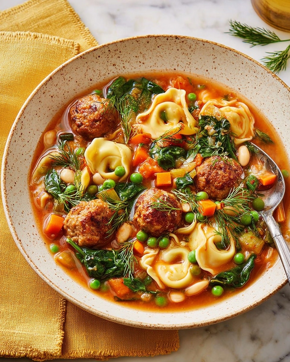 A white speckled bowl holds a rustic soup with several layers. The bottom layer is a rich, orange-red broth filled with small diced vegetables like carrots and onions, along with green peas and white beans scattered throughout. Floating on top are four browned meatballs with a slightly crispy texture. Also in the soup are folded pasta pieces that resemble small stuffed shells, showing a light cream color. Green spinach leaves and sprigs of fresh dill add bursts of color and texture on the surface. A silver spoon rests on the edge of the bowl, and the bowl sits on a soft beige cloth over a white marbled surface. photo taken with an iphone --ar 4:5 --v 7