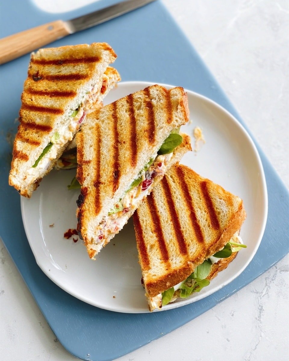 A toasted sandwich cut into three pieces is placed on a white cutting board. The sandwich bread is golden brown with visible grill marks on the outside. Inside, there are three layers: a green leafy layer on the bottom, a creamy white layer with small red bits in the middle, and another green leafy layer on top. A knife with cream spread on the blade lies next to the sandwich. The cutting board rests on a white marbled surface. Photo taken with an iphone --ar 4:5 --v 7