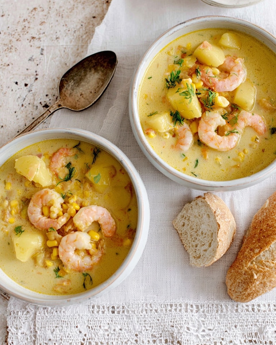 Two bowls of creamy soup sit on a white marbled texture with some broken bread pieces nearby. Each bowl contains three main layers: a light yellow creamy broth as the base, medium-sized whole and sliced yellow potatoes rising in the soup, and pink shrimp scattered throughout the dish. Bright yellow corn kernels and small green herbs are sprinkled on top, adding color contrast and texture. The bowls are rounded, with one bowl showing a speckled beige exterior and the other a smooth white finish. A silver spoon rests on a white linen cloth with lace edges under the bowls. Photo taken with an iphone --ar 4:5 --v 7