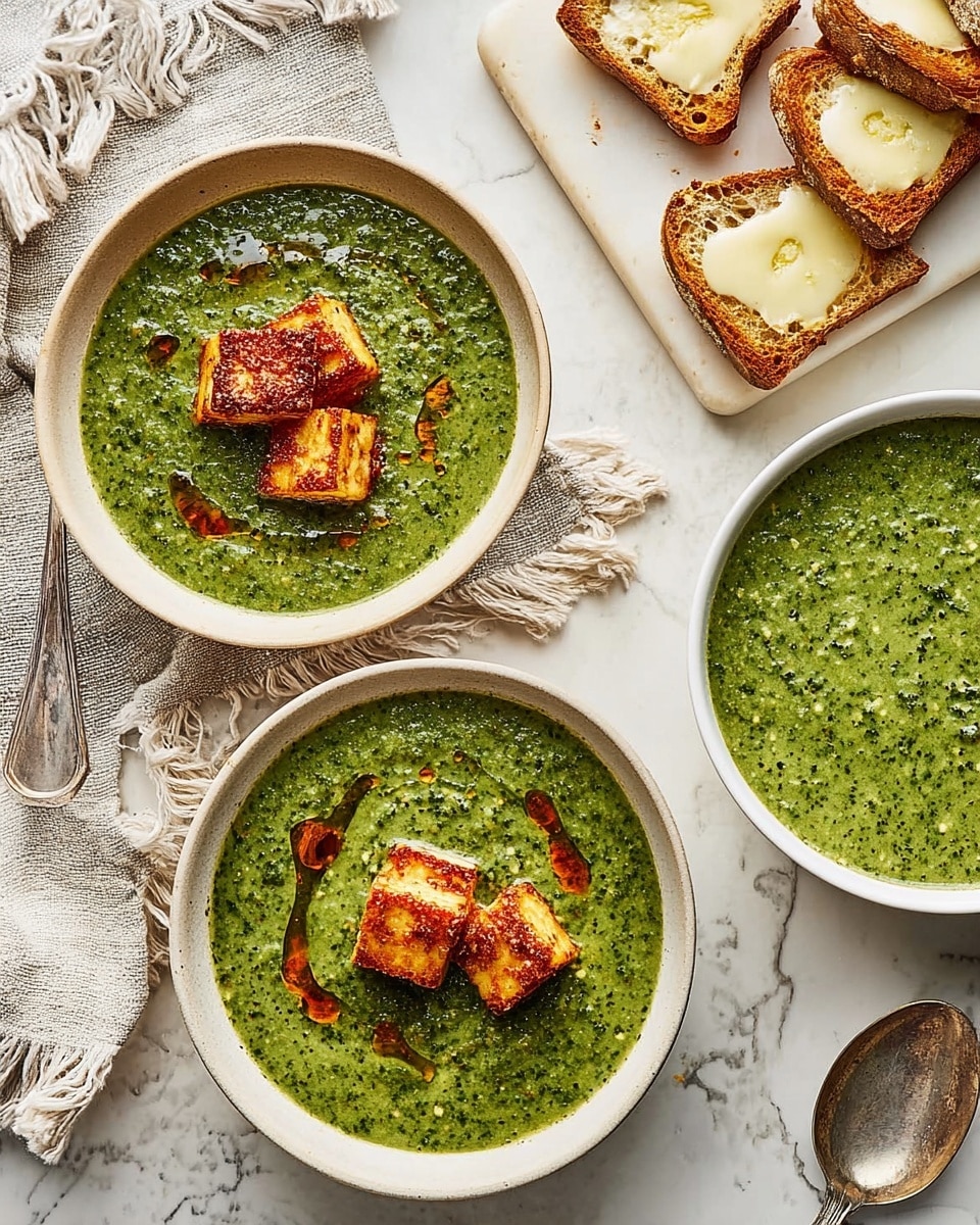 The image shows three white bowls of green soup with a slightly chunky texture, each bowl resting on a white marbled surface. Two bowls have a smooth green soup with small black pepper specks on top and no toppings. The third bowl in the bottom right has three golden-brown, seared scallops placed in the center, with a drizzle of reddish-orange oil around them. To the upper right, there is a wooden board with five slices of toasted bread, each slice spread with melted butter. A silver spoon is placed to the left of the bottom left bowl. The background is a white marbled texture. Photo taken with an iphone --ar 4:5 --v 7