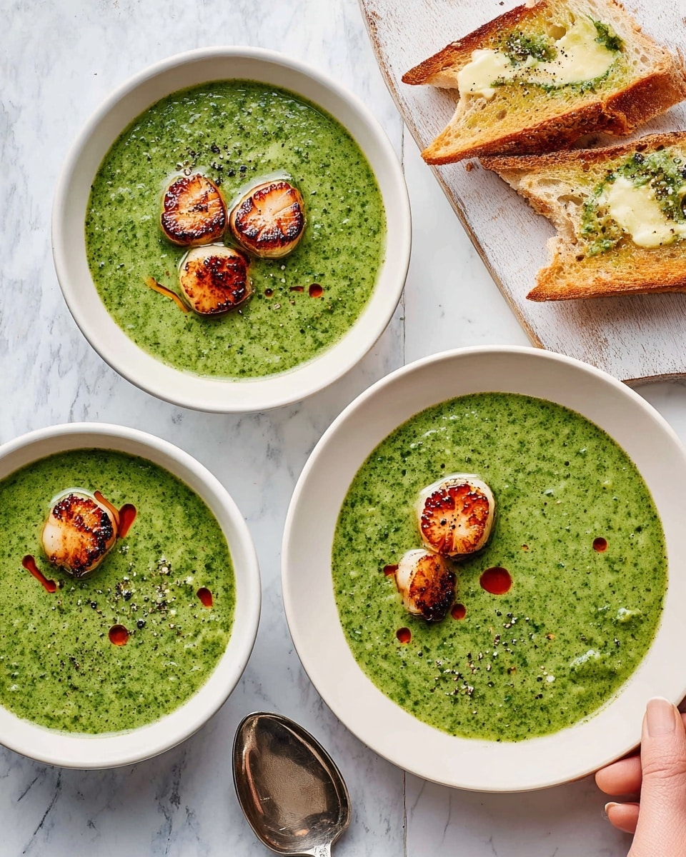 Three white bowls filled with thick green soup that has a rough texture, each bowl showing bits of herbs mixed in. Two of the bowls have two golden-brown seared scallops placed in the middle with droplets of red oil around them. The third bowl has a sprinkle of black pepper on top. To the upper right, there is a white wooden board holding four slices of toasted brown bread, each piece buttered unevenly. A silver spoon rests on a white marbled textured surface on the bottom left corner next to one of the bowls. photo taken with an iphone --ar 4:5 --v 7
