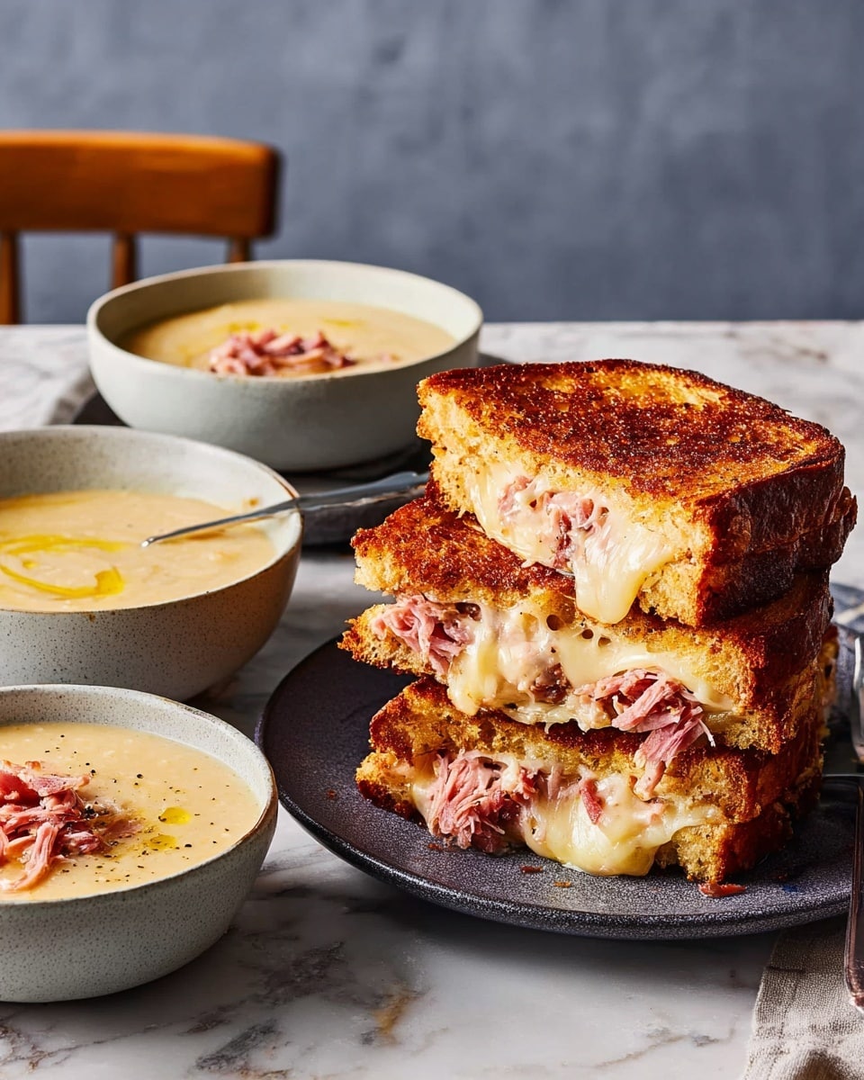The image shows three bowls of creamy, light yellow soup, each topped with chunks of pink shredded meat and a drizzle of golden oil, with some black pepper sprinkled on top. The bowls are pale blue, and one has a spoon inside. In front of the bowls, there is a dark oval plate holding three grilled sandwiches cut in half, showing melted, light yellow cheese and pink meat inside thick, toasted brown bread. The food is placed on a white marbled textured surface with a plain gray background behind. photo taken with an iphone --ar 4:5 --v 7