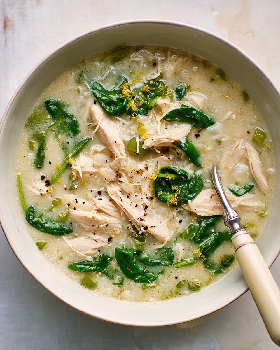 A white bowl filled with a thick creamy soup, showing about three layers: the base soup is light beige with a smooth texture; mixed throughout are bright green leafy vegetable pieces that add color; scattered tender white shredded chicken pieces rest on top along with white beans, while black pepper specks and small drops of oil garnish the surface. A silver spoon with a white handle lies in the bowl, dipping into the soup with some shredded chicken on it. The bowl sits on a white marbled texture. photo taken with an iphone --ar 4:5 --v 7