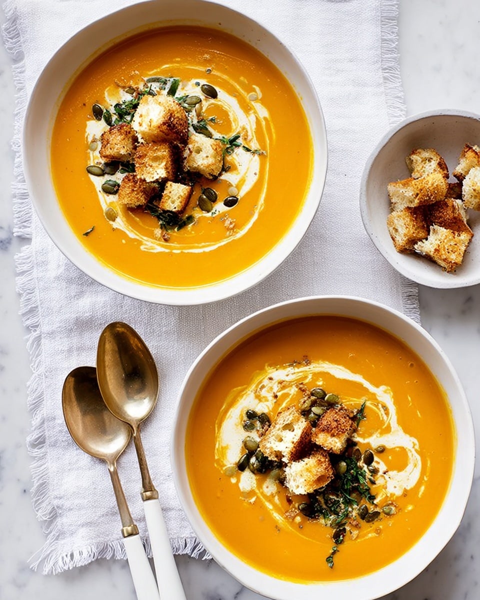 Two white bowls filled with smooth, bright orange soup sit on a white marbled surface covered with a white cloth. Each bowl has a swirl of white cream on top, creating curved patterns on the soup's surface. On top of the cream, there are several golden-brown toasted croutons scattered, along with small green herb leaves and a few dark seeds. A small white bowl containing extra croutons is placed near the top right corner of the image. Two gold spoons with white handles lie side by side on the cloth near the bottom left. Photo taken with an iphone --ar 4:5 --v 7