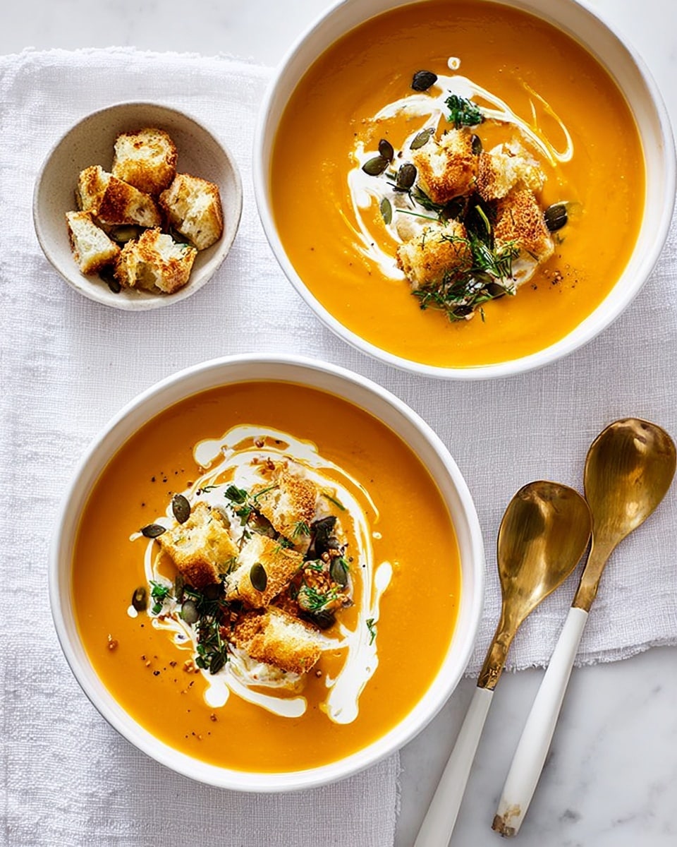 Two white bowls filled with smooth orange soup are placed on a white marbled surface covered by a white cloth with fringes. Each bowl has a swirl of cream on top that creates a light spiral pattern along the surface. On the cream, there are several toasted golden brown croutons with a rough texture and scattered green herbs and pumpkin seeds. Near the top right corner, a small white bowl holds extra croutons with similar garnishing. Two gold spoons with white handles are placed beside the bottom left bowl. The overall look is warm, fresh, and inviting. photo taken with an iphone --ar 4:5 --v 7