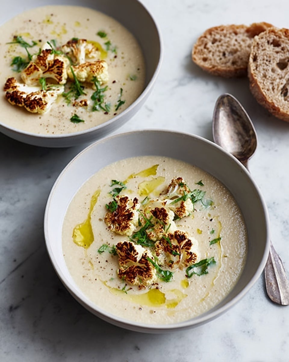 Two white bowls filled with creamy pale beige cauliflower soup sit on a white marbled surface. Each bowl has two roasted cauliflower florets on top, showing light brown char marks. The soup is drizzled with golden olive oil and sprinkled with small green parsley leaves and black pepper bits. Pieces of torn brown bread rest nearby, and a vintage silver spoon lies above the bowls. Photo taken with an iphone --ar 4:5 --v 7