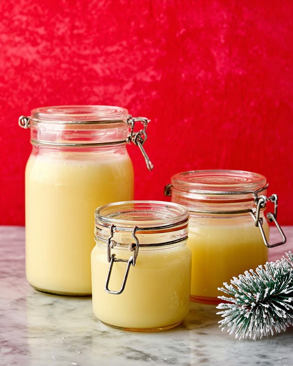 Three jars filled with a light yellow, slightly frothy liquid sit on a white marbled surface. The biggest jar is a clear glass mason jar without a lid, placed on the left. Behind it is a medium-sized glass jar with a metal clasp and a sealed lid, filled with the same yellow liquid. To the right is a smaller round glass jar with a metal clasp and sealed lid, also holding the yellow liquid. In the background to the right, there are two small, dark, frosted pine tree decorations. The backdrop is a bright red textured wall. photo taken with an iphone --ar 4:5 --v 7