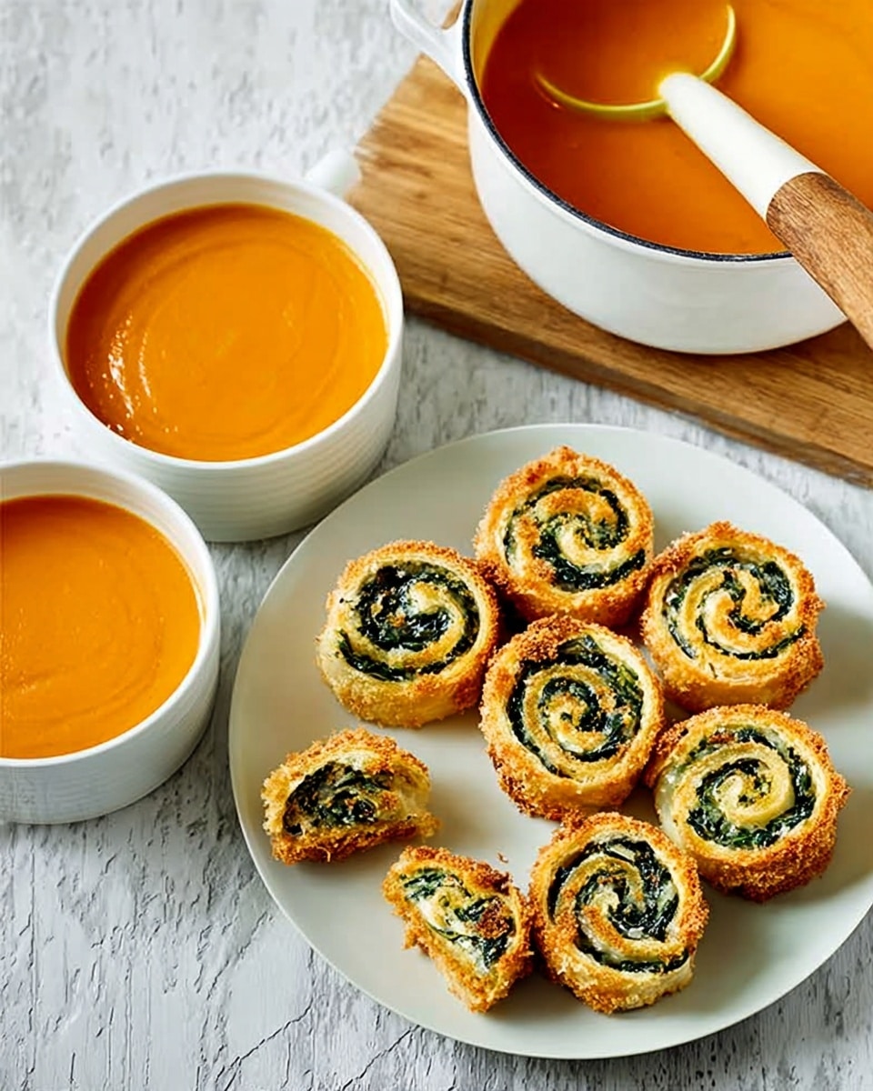 The image shows a white bowl and a white cup filled with smooth orange soup, both placed on a white marbled surface. Next to them, there is a white pot with soup inside and a wooden spoon resting in it. On the right side, there is a white plate with six round, golden-brown swirl pastries filled with green and dark filling, while two small broken pieces of the pastry lie beside the plate. The overall scene has a cozy and warm feeling with natural lighting. Photo taken with an iphone --ar 4:5 --v 7