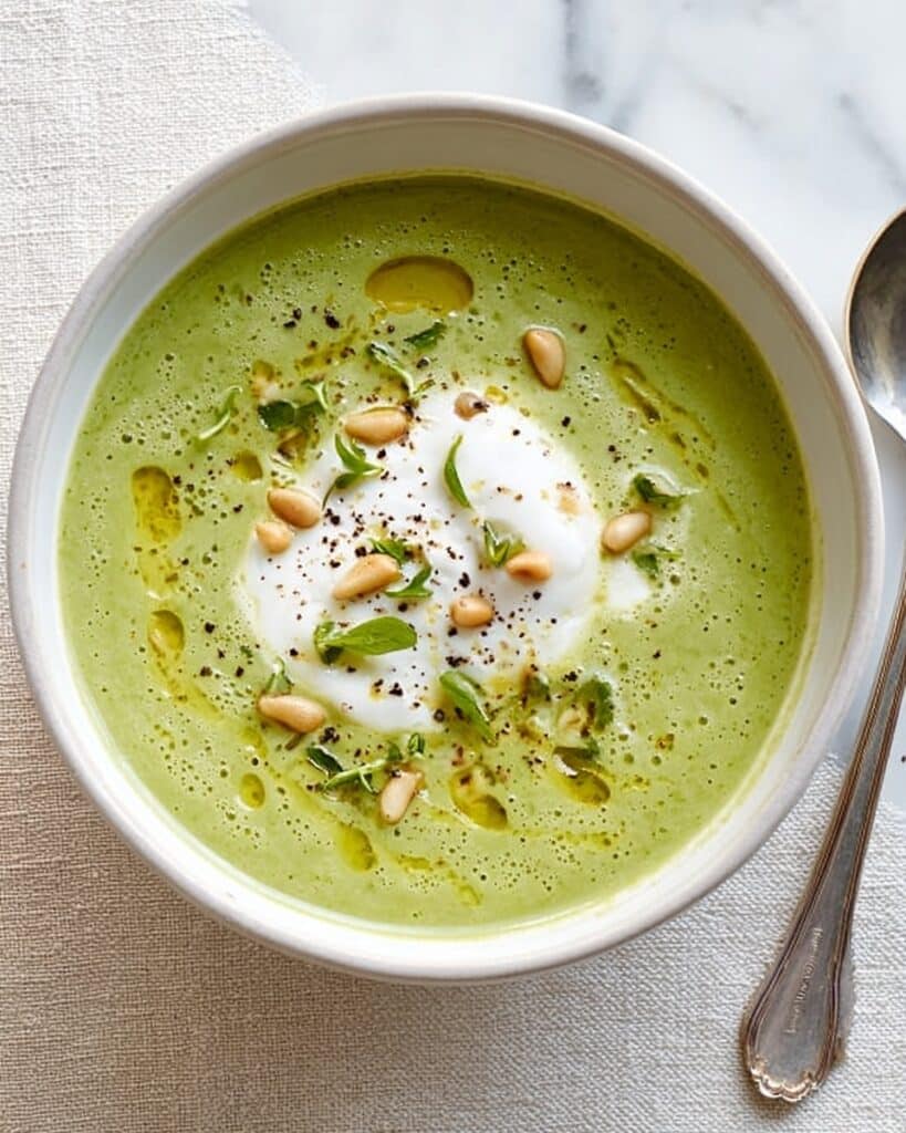 Broccoli & Pea Soup with Minty Ricotta and Pine Nuts Recipe