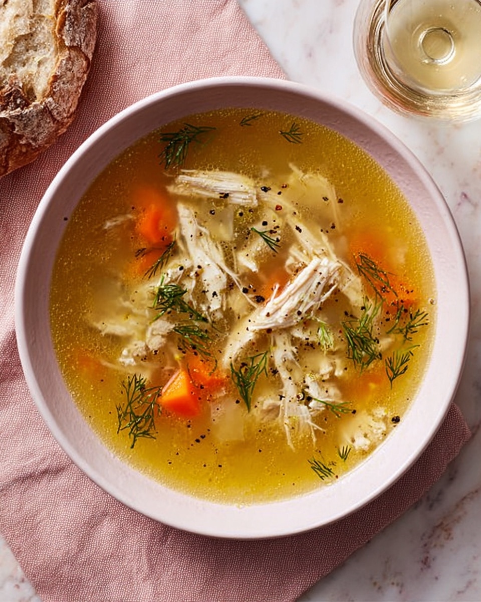 A white bowl filled with clear golden chicken broth holding shredded white chicken pieces scattered throughout. Small orange carrot cubes float in the broth, with green dill sprigs and a few black pepper flakes on top, adding texture and color contrast. The bowl sits on a pink cloth, with a piece of rustic bread on the left and a glass of water on the right, all arranged on a white marbled surface. photo taken with an iphone --ar 4:5 --v 7