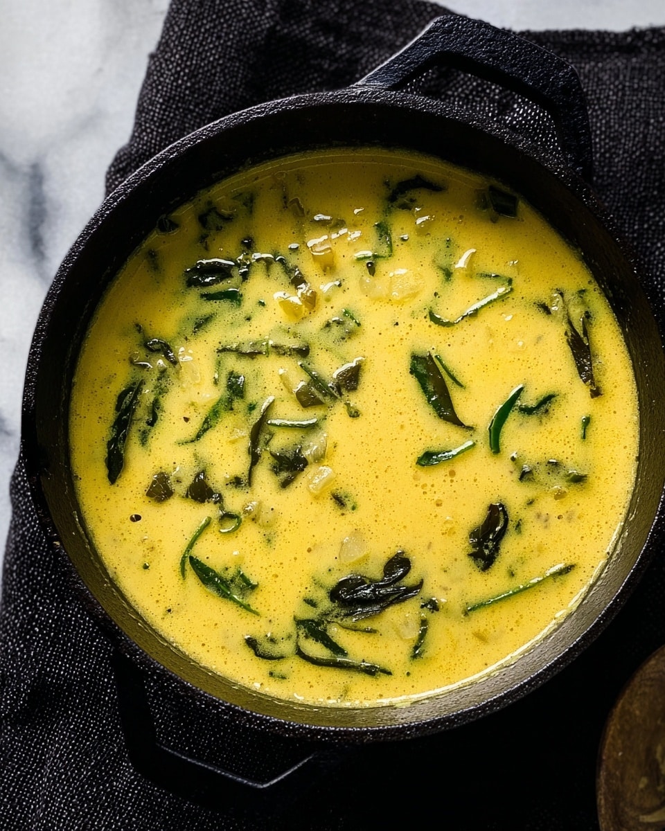 The image shows a single layer of yellow creamy soup with visible pieces of leafy greens and small chunks of vegetables floating on the surface inside a black pan. The soup has a smooth texture with some light oil spots and herbs scattered on top. The black pan sits on a dark knitted cloth, and the background is a white marbled texture. Photo taken with an iphone --ar 4:5 --v 7