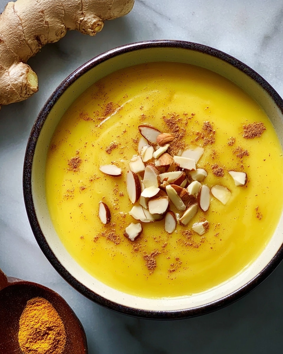 A white bowl filled with thick, smooth yellow soup that has a creamy texture. On top of the soup are small orange chunks, likely soft cooked pieces, scattered evenly. The soup is garnished with chopped nuts, mostly almonds, placed in the center. There is also a light sprinkle of brown powder, possibly cinnamon or spice, over the nuts. The bowl is set on a white marbled surface. Photo taken with an iphone --ar 4:5 --v 7