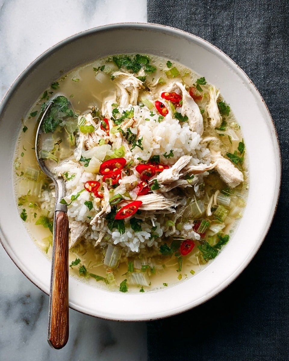 A white bowl filled with clear broth soup sits on a white marbled surface. The soup has shredded white chicken pieces layered on the top, mixed with translucent cooked onion slices, small rings of red chili, and bright green chopped herbs like cilantro and green onions scattered over. A serving spoon with a dark wooden handle rests inside the bowl at the edge. Photo taken with an iphone --ar 4:5 --v 7