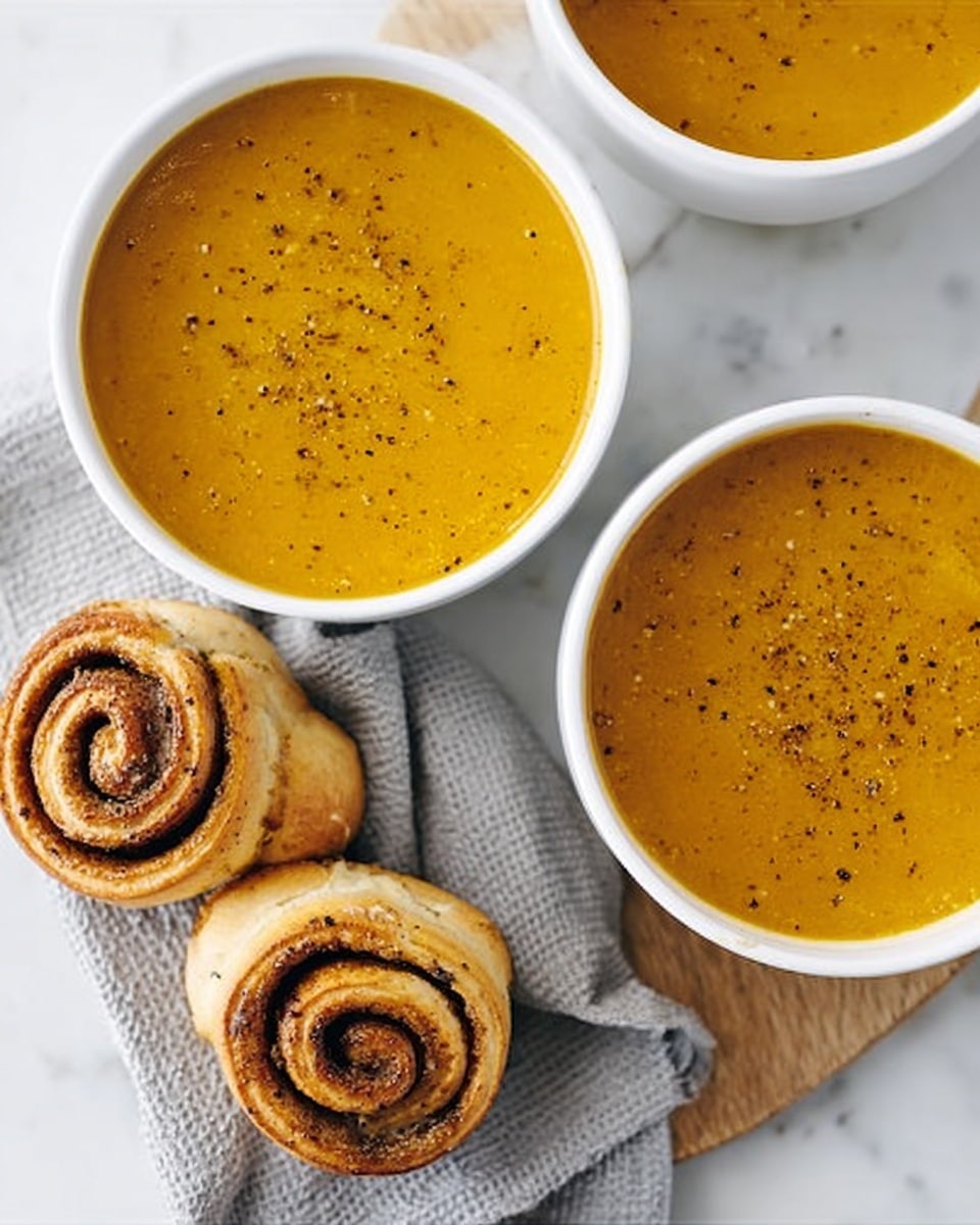 Three white bowls filled with smooth orange soup topped with a little black pepper, placed on a light wooden board over a white marbled surface, next to three golden brown cinnamon rolls with visible swirls and a soft texture. A corner of a grey cloth napkin is visible near the edge of the wooden board. photo taken with an iphone --ar 4:5 --v 7