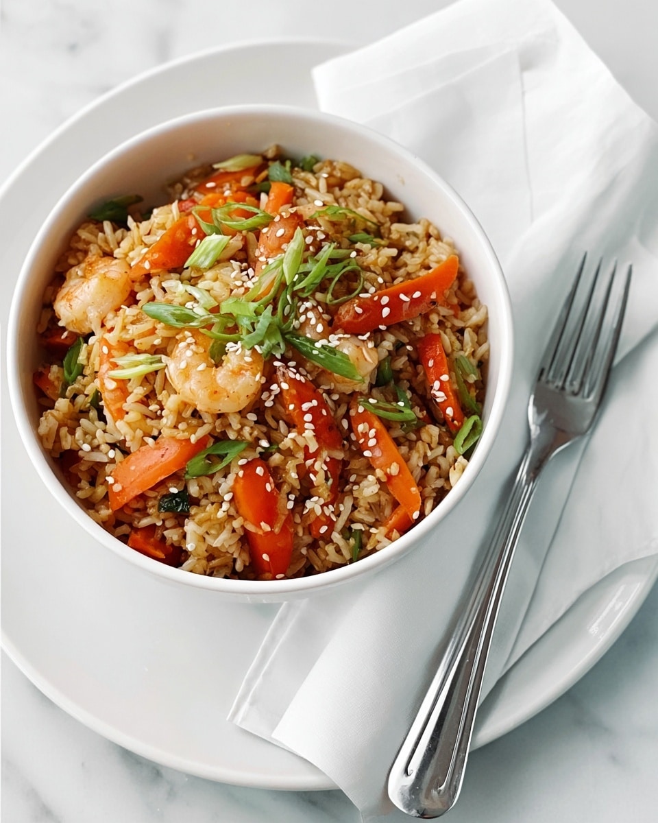 A white bowl filled with stir-fried rice featuring small shrimp, orange carrot slices, thinly sliced green onion, and sprinkled with white sesame seeds. The rice looks brown and glossy, mixed evenly with the shrimp and vegetables. The bowl sits on a white plate with a white cloth napkin and a silver fork resting beside it. The background is a white marbled surface giving it a clean and fresh look. Photo taken with an iphone --ar 4:5 --v 7