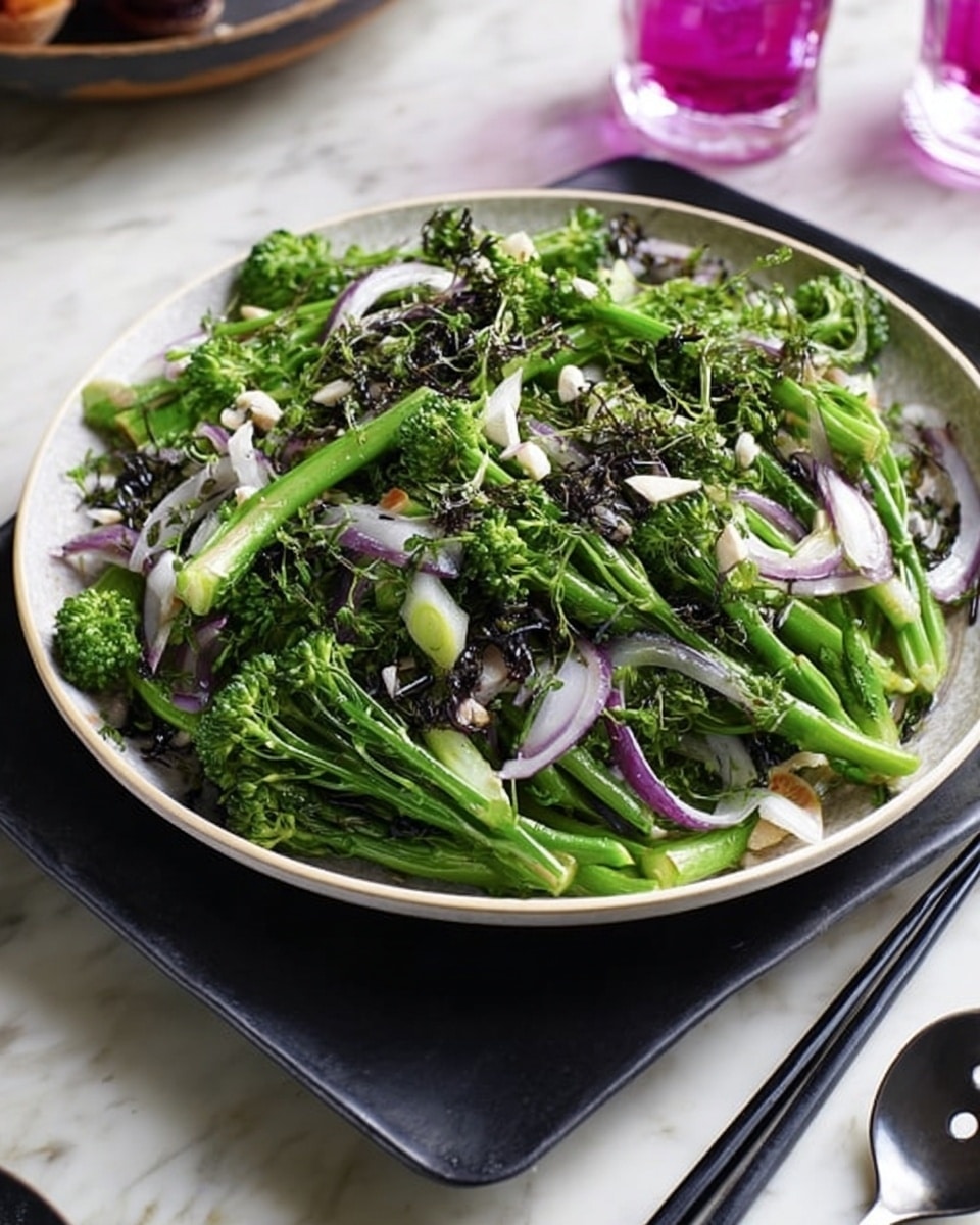 A large white plate is filled with a fresh vegetable dish made mainly of bright green broccoli stems and florets, mixed with thin slices of cooked purple-red onions. The vegetables are topped with small white almond flakes and sprinkled with dark seeds, adding texture and contrast. The plate is set on a black square tray resting on a white marbled surface, with a silver spoon and black chopsticks placed nearby. In the background, there is a blurred glass of dark pink drink and a bowl with some light-colored food. Photo taken with an iphone --ar 4:5 --v 7