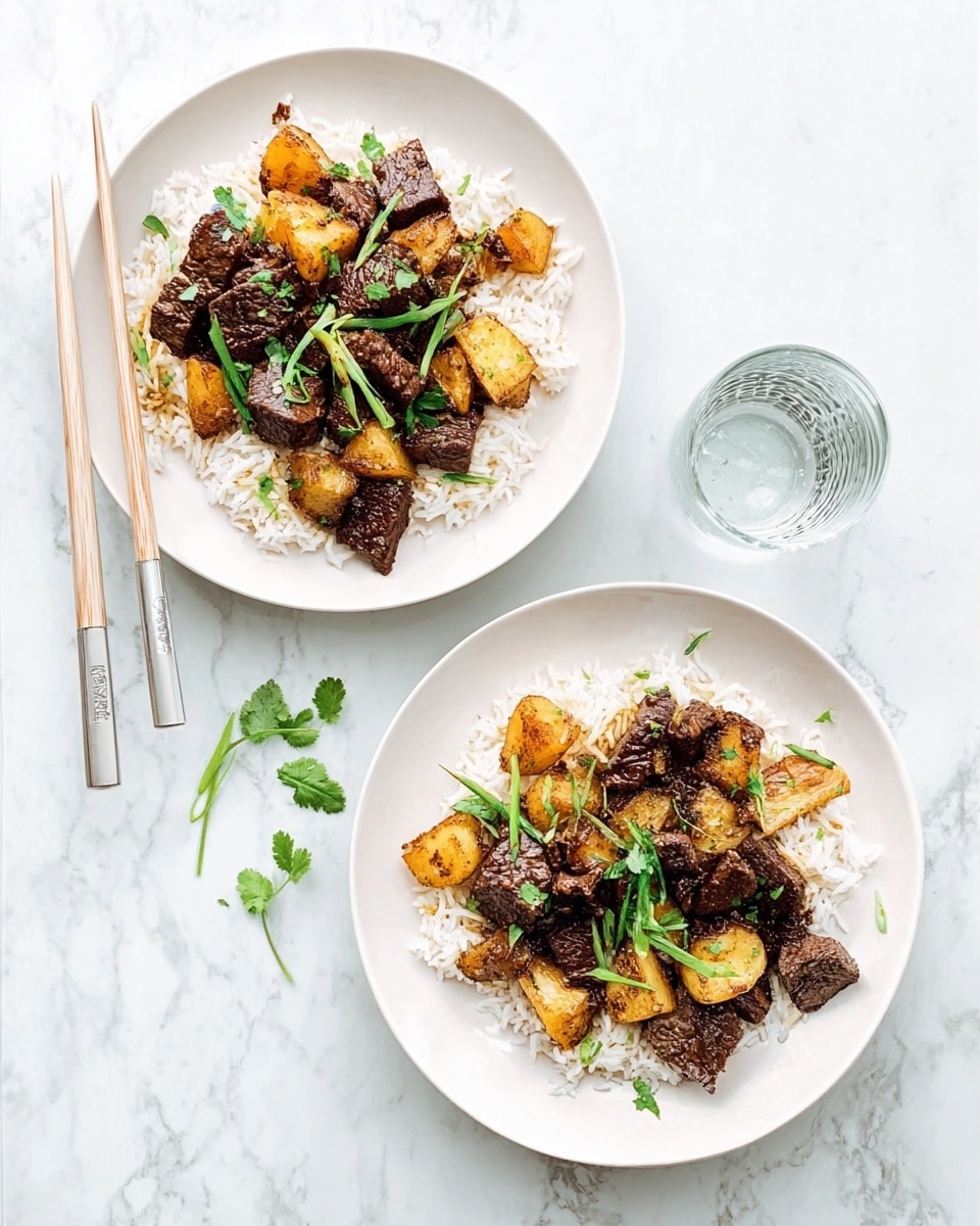 The image shows two white plates on a white marbled surface, each with a serving of white rice topped with a mix of dark brown cooked beef pieces and golden-brown pineapple chunks. Green onion slices and fresh cilantro leaves are scattered on top, adding a touch of green to the dish. Light-colored chopsticks rest on the edges of both plates. Between the plates, there is a simple, clear glass that is empty. photo taken with an iphone --ar 4:5 --v 7