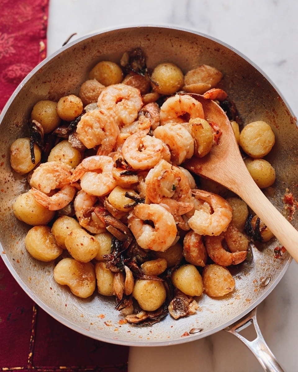A metal pan filled with cooked shrimp and round golden-brown gnocchi mixed with dark olives and small bits of garlic. The shrimp are curled and have an orange-pink color with some slight charring, while the gnocchi are evenly browned with a smooth texture. A wooden spoon rests inside the pan, stirring the ingredients and lifting some gnocchi and shrimp. The pan is placed on a white marbled surface with a red cloth partly visible on the side. Photo taken with an iphone --ar 4:5 --v 7