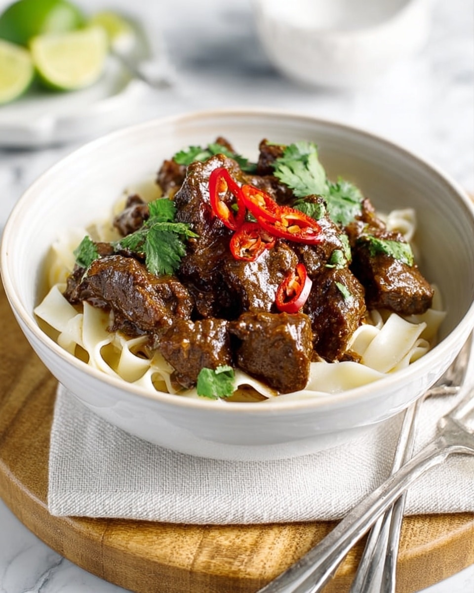 A white bowl filled with soft, wide white noodles at the bottom, topped with several pieces of dark brown cooked beef, garnished with small bright green cilantro leaves and slices of red chili. The bowl is placed on a light wooden board covered partly with a beige cloth napkin with black stitching, and a fork and spoon rest on the napkin. The background is a white marbled surface with blurred elements of white dishes in soft focus. Photo taken with an iphone --ar 4:5 --v 7