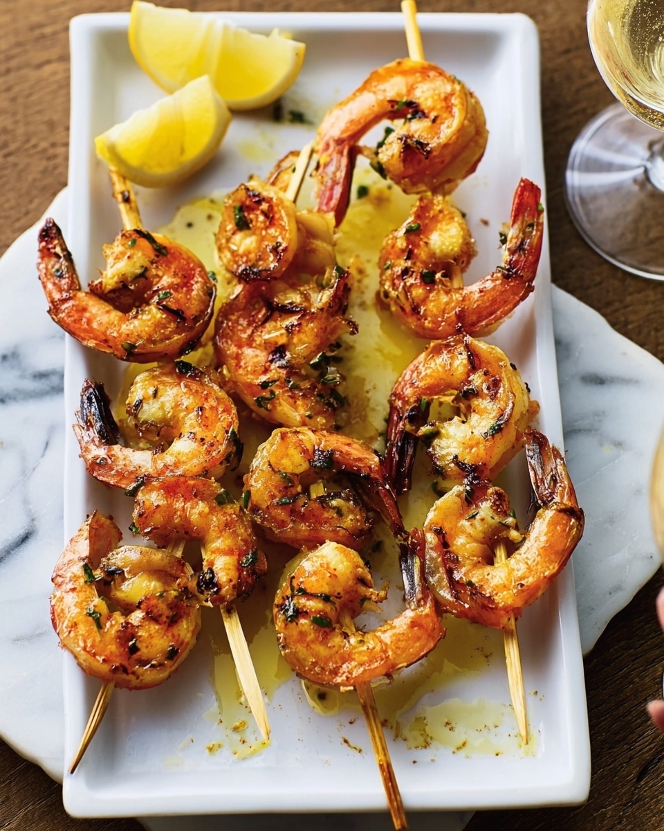 A white rectangular plate holds eight wooden skewers, each with two or three grilled shrimp that have a bright orange and pink color with charred black grill marks. The shrimp are coated lightly with yellow olive oil or butter, giving them a shiny look. Small green herbs are sprinkled over the shrimp pieces. Two lemon wedges sit at the top left corner of the plate. The plate is placed on a wooden table near a white marbled surface. A glass with a light yellow drink is visible on the right side of the image. photo taken with an iphone --ar 4:5 --v 7