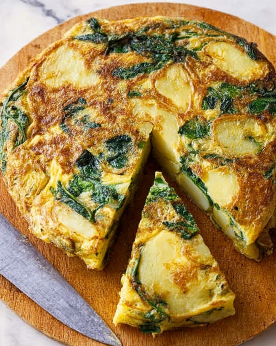 A round frittata with a golden brown top, filled with visible layers of cooked potatoes and green spinach. The surface has a slightly crispy texture with browned spots and soft green spinach leaves scattered throughout. One slice is cut out and slightly lifted, showing the thick, creamy inside with layers of potato and spinach. The frittata rests on a wooden board, placed on a white marbled surface, next to a large knife with a shiny blade. photo taken with an iphone --ar 4:5 --v 7
