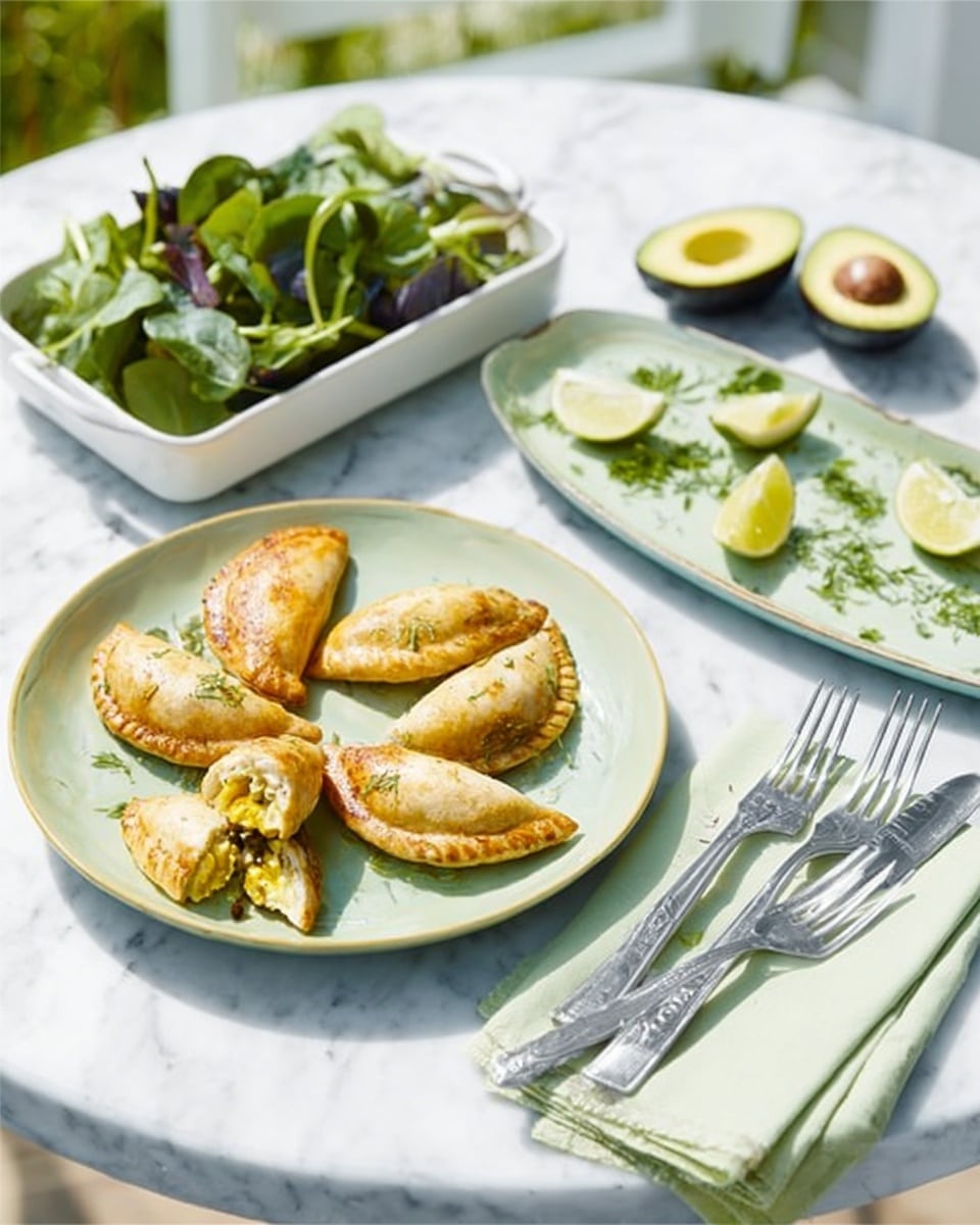 A light green plate sits on a white marbled table, holding six small golden-brown empanadas arranged casually. One empanada is broken open showing a creamy white and green filling inside. Nearby, there are two silver forks resting on a light green folded napkin. Behind the plate, on the white marbled surface, a white oval plate holds halved avocados and lime wedges garnished with fresh cilantro. To the right, a white rectangular dish contains fresh green salad leaves with thin white onion slices, with a silver spoon resting inside. The scene is bright and fresh, photo taken with an iphone --ar 4:5 --v 7