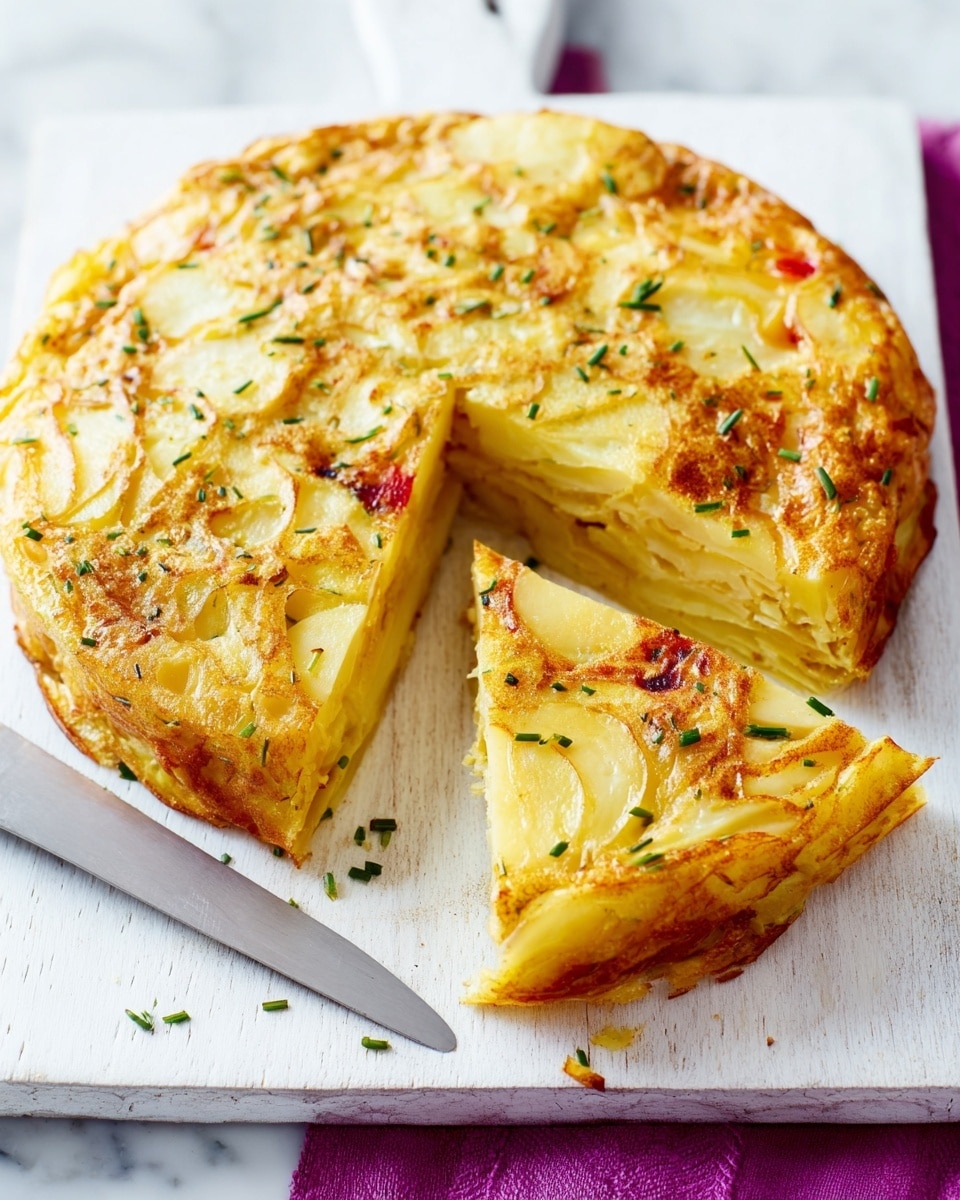 A round Spanish tortilla with a golden brown top, showing slices of cooked potatoes and bits of green herbs sprinkled throughout. One triangular slice is cut out and placed slightly in front of the main tortilla, revealing the thick layered inside made of pale yellow potatoes and cooked egg. The tortilla sits on a white cutting board with a silver knife resting next to it. The background is a white marbled texture with a strip of dark pink cloth partially visible behind the cutting board. photo taken with an iphone --ar 4:5 --v 7