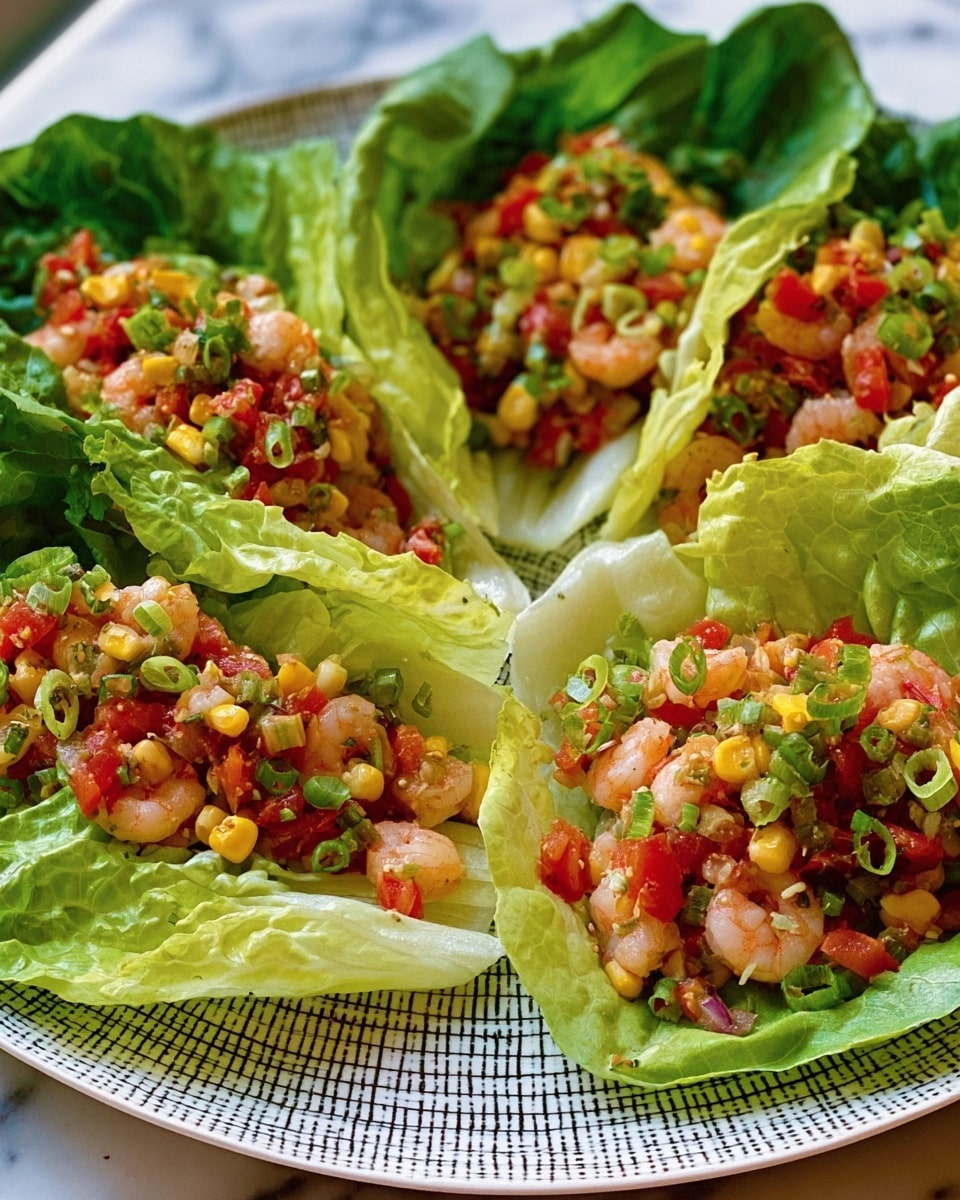 The image shows four lettuce wraps arranged on a white plate with a grid pattern, all resting on a white marbled surface. Each wrap is made of bright green, crisp lettuce leaves that form natural bowls holding the filling. The filling is colorful and chunky, consisting mainly of light pink shrimp mixed with small pieces of red tomato, yellow corn, and green herbs sprinkled throughout. The textures contrast between the smooth shrimp, juicy tomato, and rough lettuce edges. The overall look is fresh, vibrant, and inviting. Photo taken with an iphone --ar 4:5 --v 7