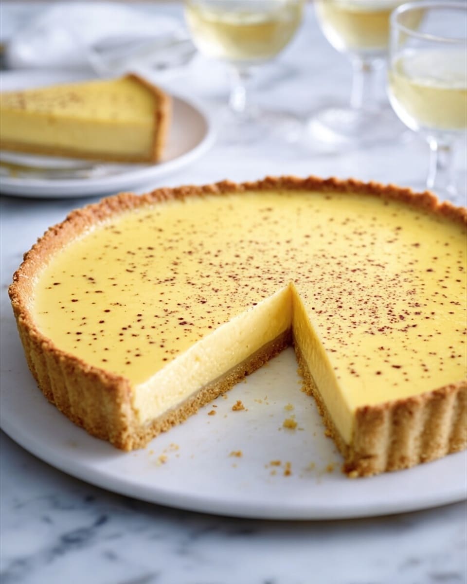 The image shows a tart with a golden brown crust that is thick and crumbly, holding a smooth pale yellow filling. One large slice is cut and slightly pulled out, revealing the creamy texture of the filling that contrasts with the firm crust. There are small dark specks sprinkled evenly over the top of the tart, adding texture. The tart sits on a white plate, which is placed on a white marbled surface. In the background, there are blurred glasses with a light yellow drink and a slice of the same tart on another white plate. photo taken with an iphone --ar 4:5 --v 7