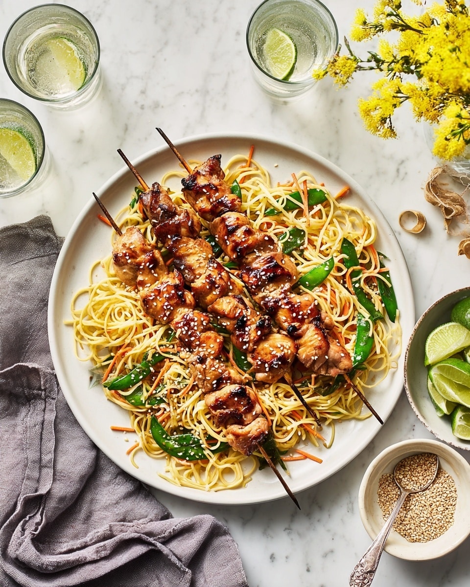 A white round plate sits on a white marbled surface, filled with a bed of yellow noodles mixed with green snap peas and thin orange carrot strips, all lightly coated and sprinkled with sesame seeds; resting on top are two skewers of grilled chicken pieces, browned with char marks and a glazed texture. To the left, there is a gray cloth napkin, and near the top left, two clear glasses filled with sparkling water. On the right side of the plate are a small bowl of sesame seeds with a silver spoon and a white bowl containing lime wedges, with a few lime wedges scattered on the surface nearby. A bunch of small yellow flowers decorates the top right corner. Photo taken with an iphone --ar 4:5 --v 7