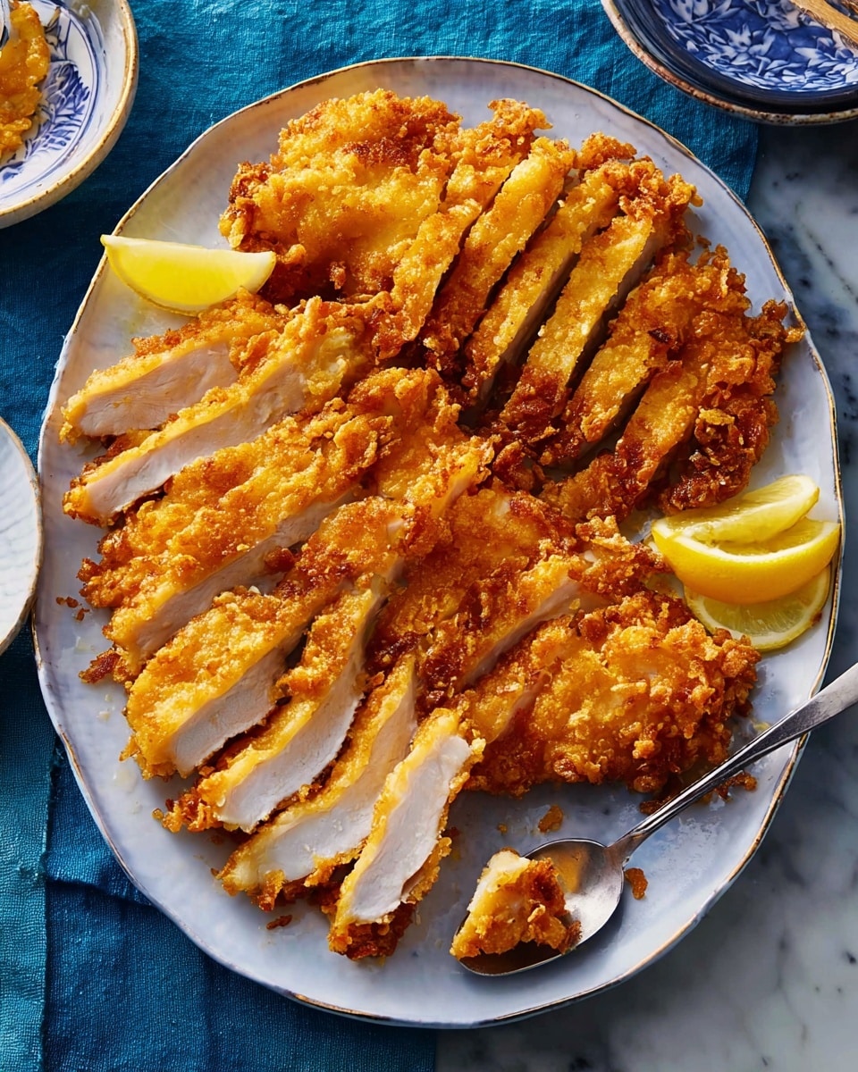A large oval white plate holds many slices of fried chicken, each piece showing a crispy golden brown crust on the outside with white juicy meat inside, layered close together covering the plate. Two lemon wedges, bright yellow with a glossy texture, sit on the left and right edges of the plate. A silver spoon rests on the right side of the plate with a piece of fried chicken on it, and the plate is placed on a deep blue cloth over a white marbled surface. In the background, there are bowls with sauces and chopsticks. Photo taken with an iphone --ar 4:5 --v 7
