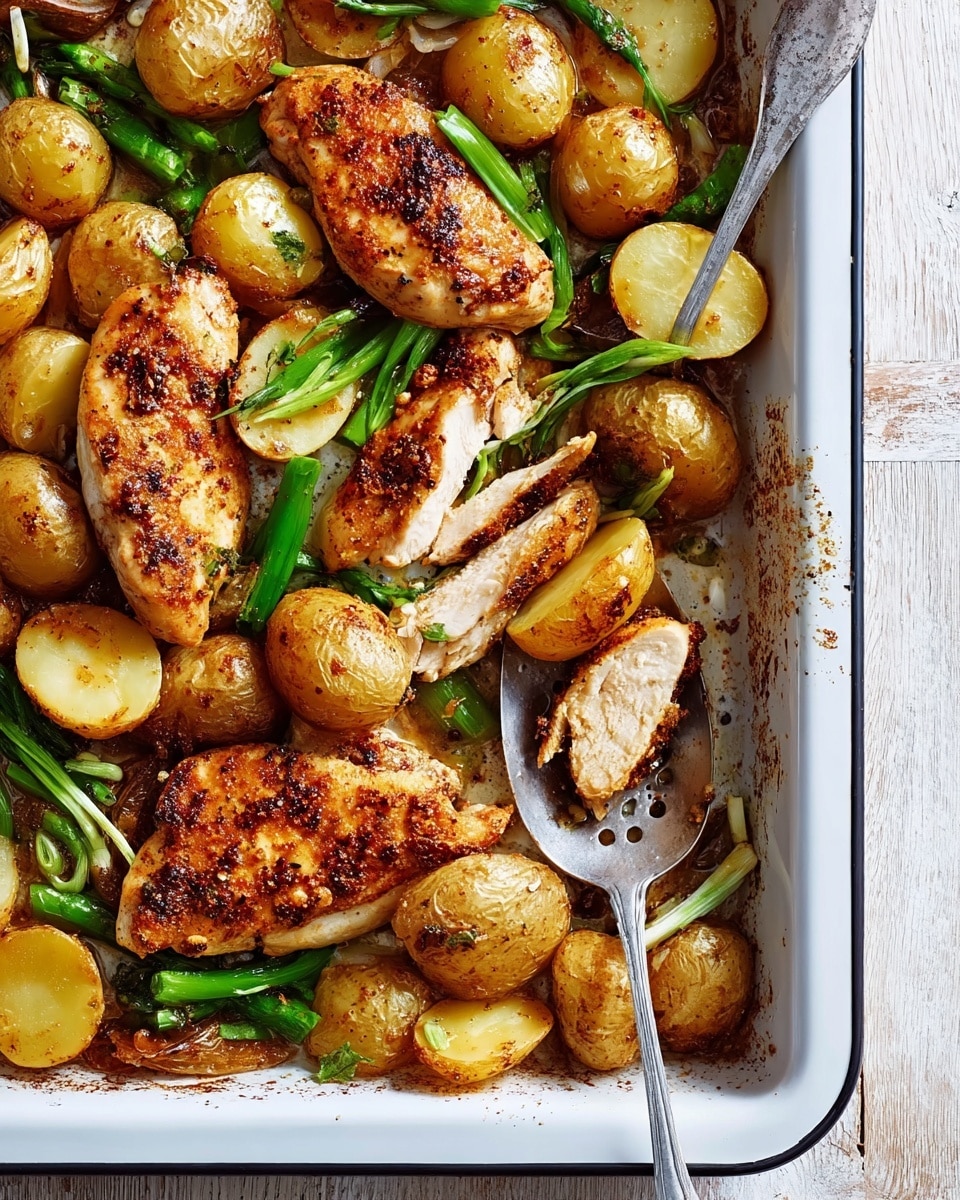 The image shows a white baking tray filled with a roasted dish. The bottom layer consists of golden-brown round potato slices and small whole potatoes, all showing crispy edges and a seasoned surface. Above the potatoes, there are bright green pieces of spring onion, cut into medium lengths. On top of everything are several well-cooked chicken breasts with a slightly charred, golden-brown crust, showing seasoning and a juicy inside. A metal slotted serving spoon rests on the tray, holding two potato slices and one small whole potato. The tray is placed on a white marbled surface with a light, natural wooden texture nearby. photo taken with an iphone --ar 4:5 --v 7