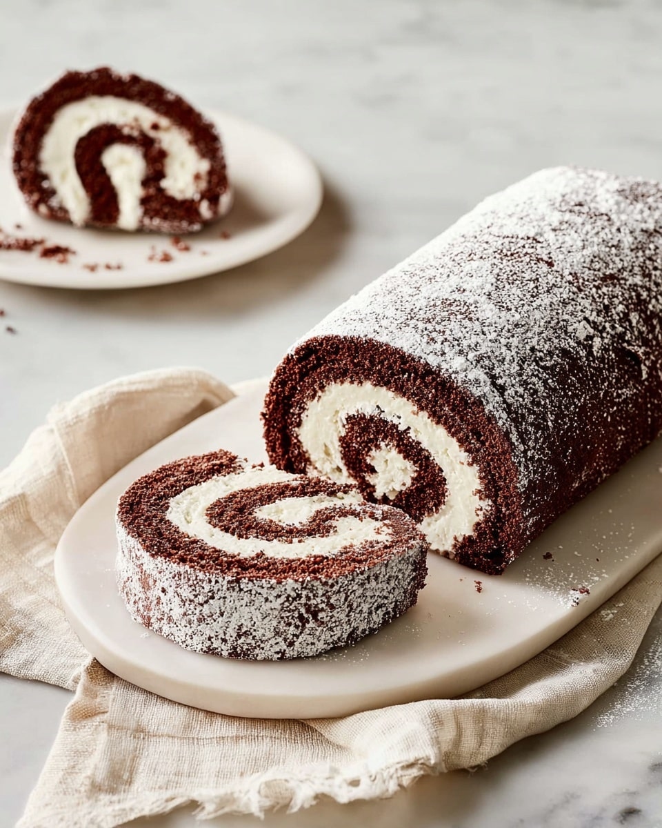 A chocolate roll cake dusted with powdered sugar rests on a white platter on a white marbled surface. The cake has two clear layers—a rich, dark brown chocolate sponge forming the outer spiral and a creamy white filling rolled inside. One large slice has been cut and placed next to the roll, showing the swirl pattern clearly. Another slice sits on a plain white plate to the side on a cream cloth. The cake looks soft, moist, and covered evenly with a light snow-like dusting of powdered sugar. Photo taken with an iphone --ar 4:5 --v 7